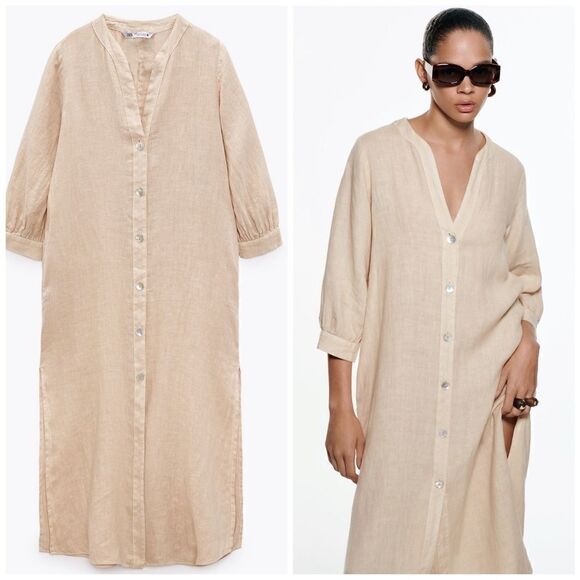 Zara Dresses & Skirts - Zara 100% Linen Dress Midi Pockets Vents Sand